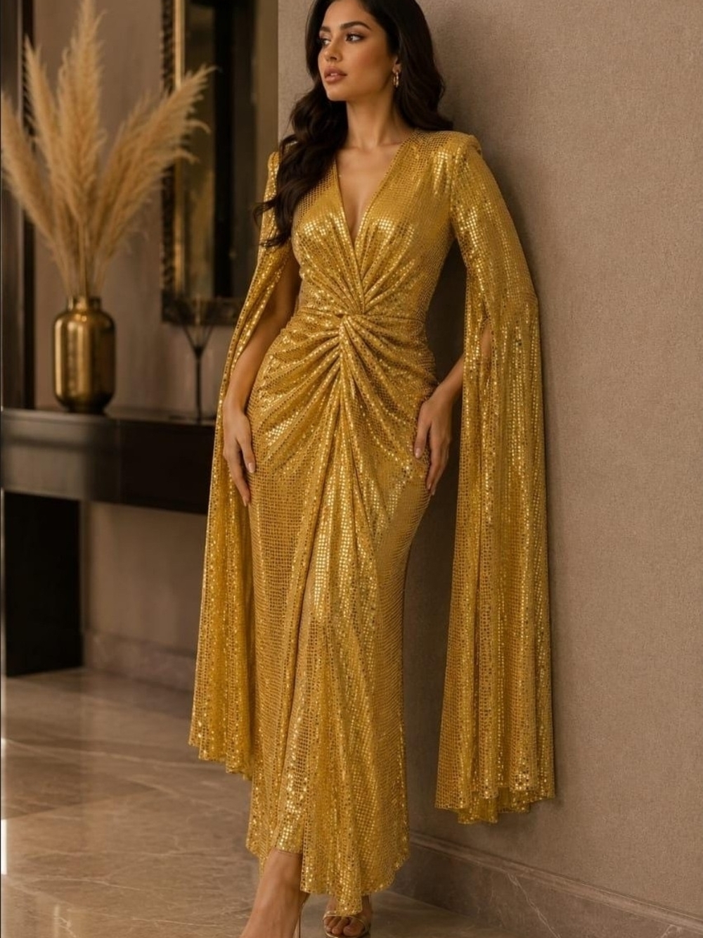 NWOT Gold Sequin Ruched Draped Evening Gown